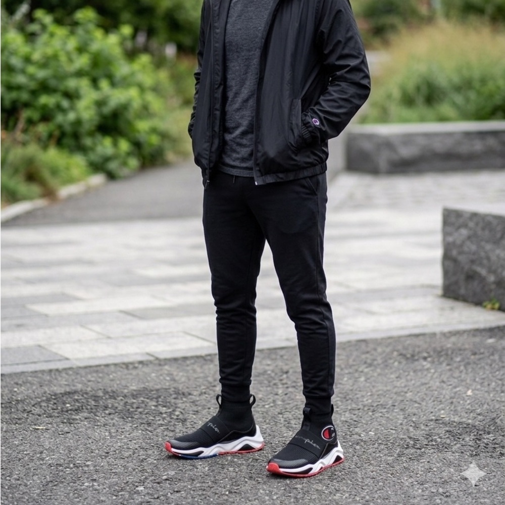 Champion Men's Black Slip-On Athletic Sneakers with Red Accents